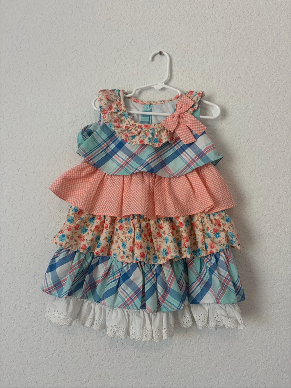 Girls Bonnie Jean Multi-Pattern Tiered Summer Dress - Coral, Blue & Floral